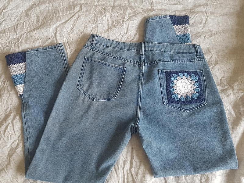 Upcycled size 12 jeans with crochet flare insert :: Consciously Crafted